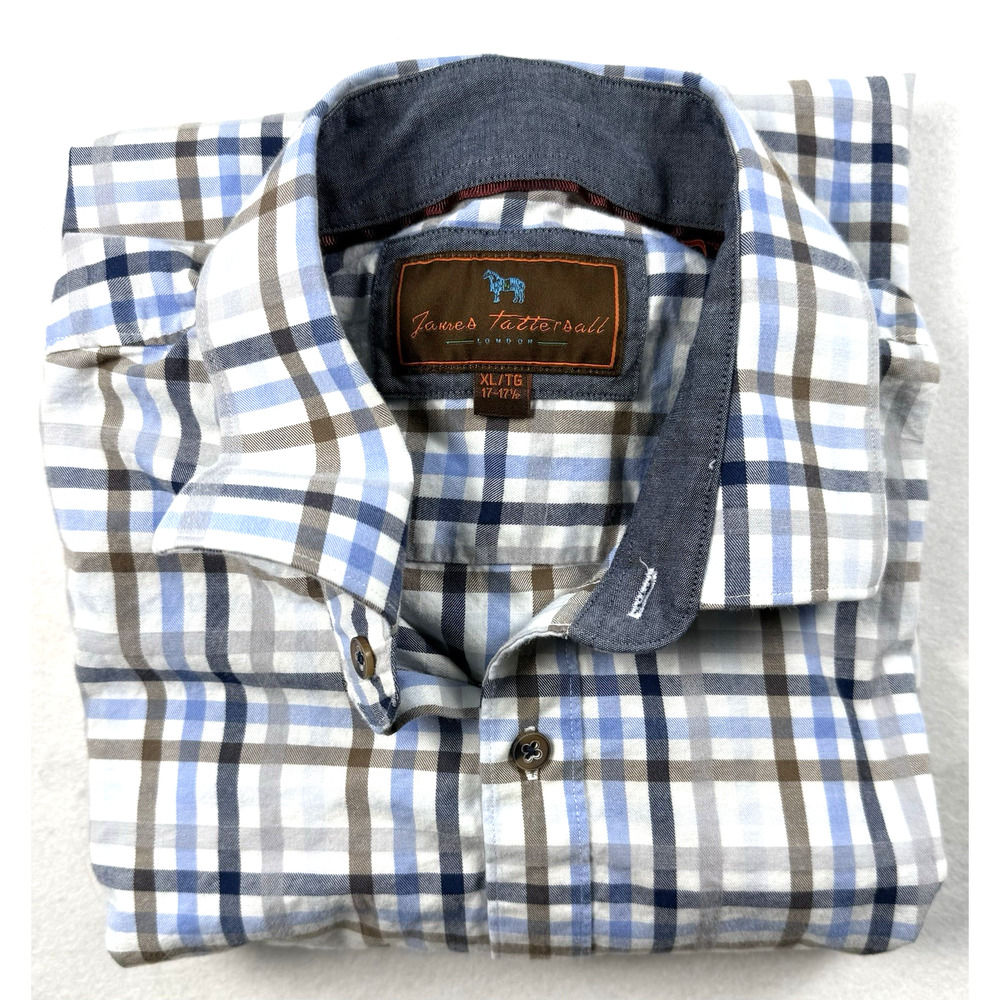 James Tattersall London mens shirt XL/TG blue brown plaid Preppy Designer